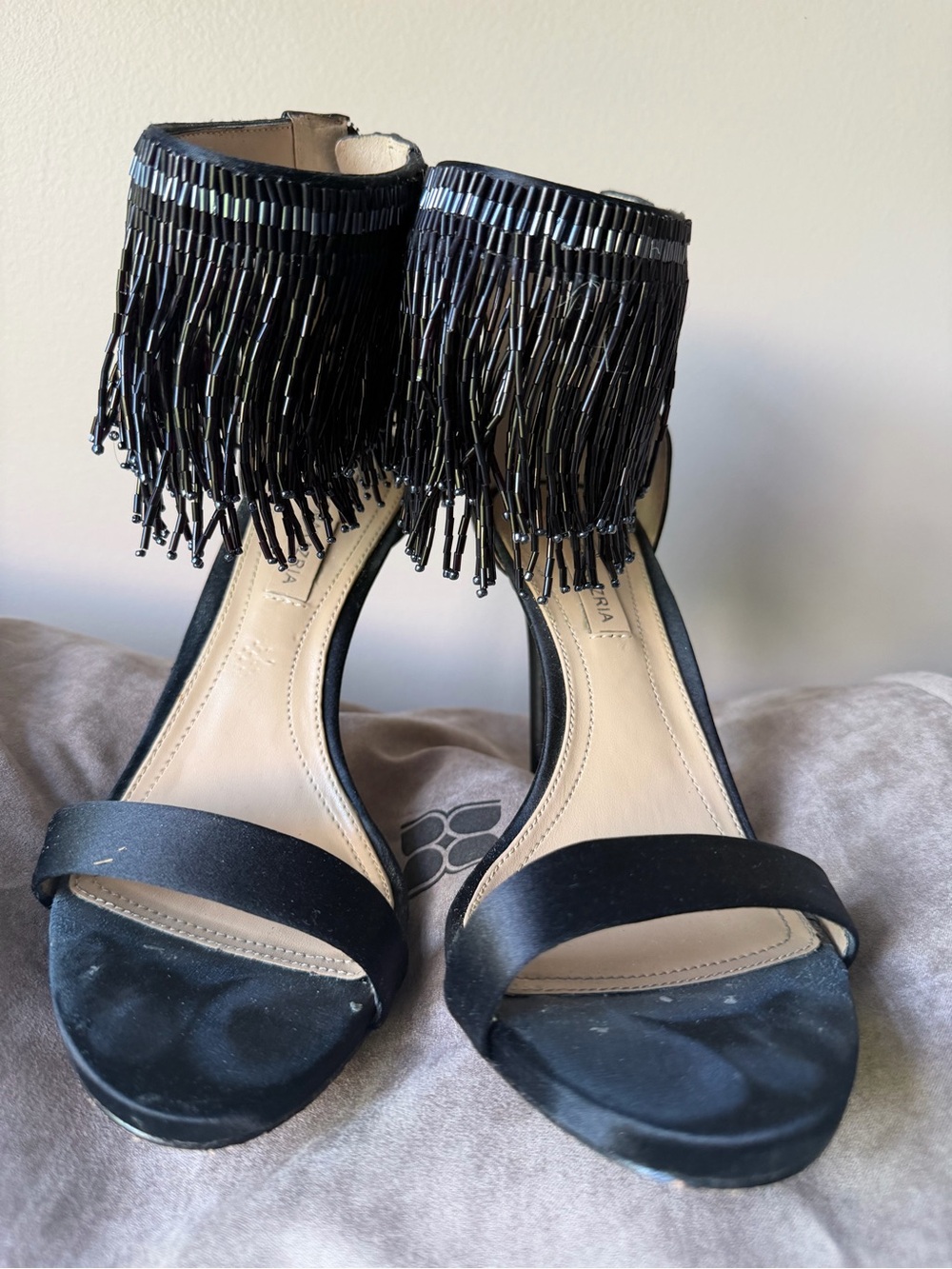 BCBGMAXAZRIA MA-DEVINE Black Beaded Fringe Stiletto Heels – Size 8M